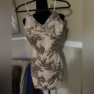 OHPOLLY sheer mini dress with gold accents NWT